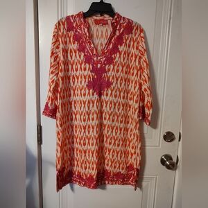 Orange & Pink Embroidered V-Neck Tunic Top